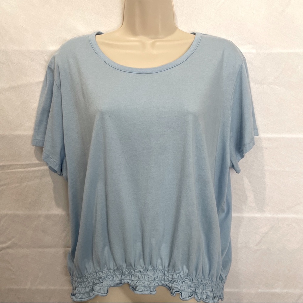 CALVIN KLEIN XL COTTON/MODAL TOP LT BLUE SHORT SLEEVES RUCHED HEM STRETCHY